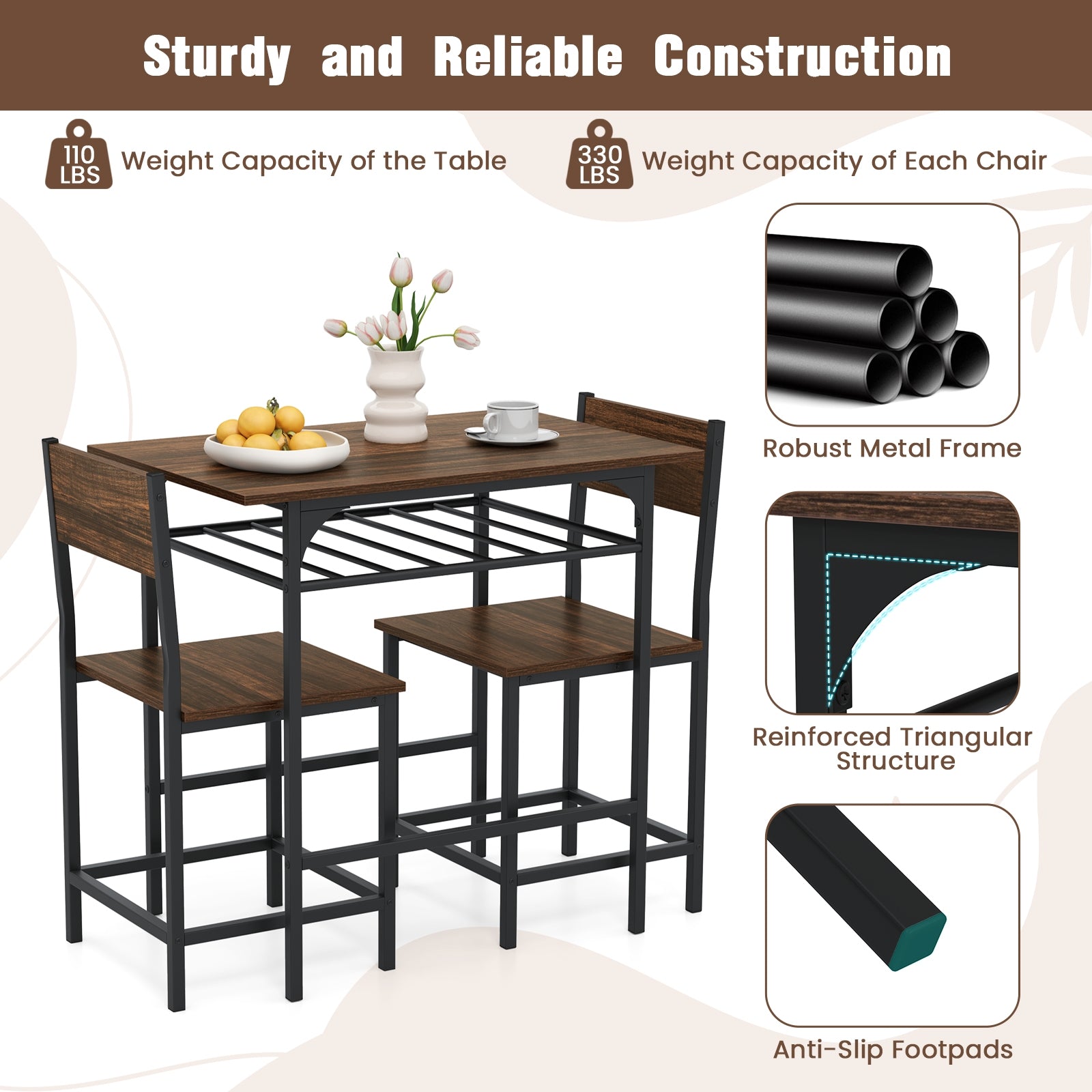 Dining Table Set with Metal Frame and Storage Rack, Rustic Brown Dining Room Sets at Gallery Canada