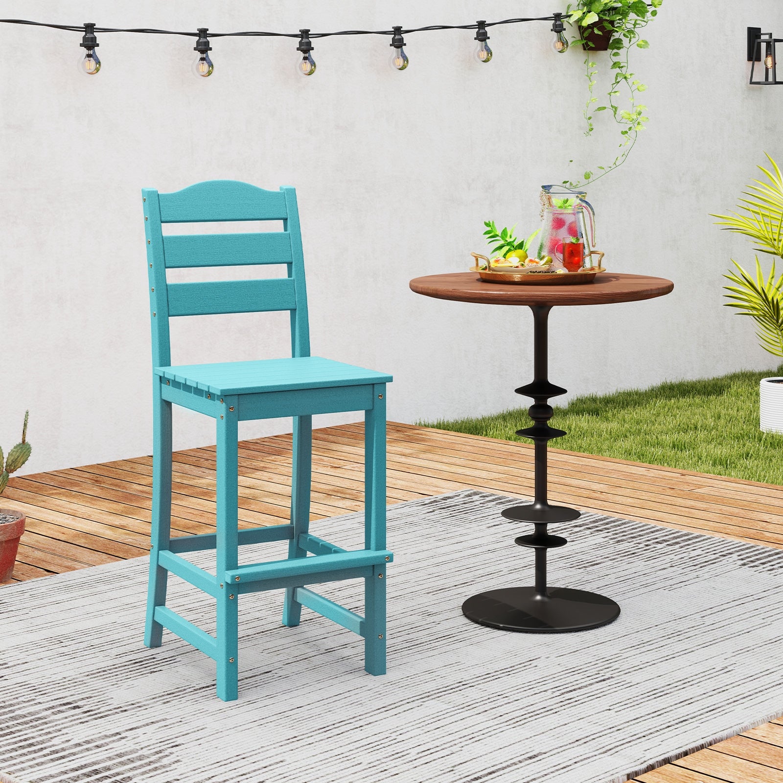 30 Inches Counter Height HDPE Bar Stool with Backrest and Footrest, Turquoise Patio Bar Furniture at Gallery Canada
