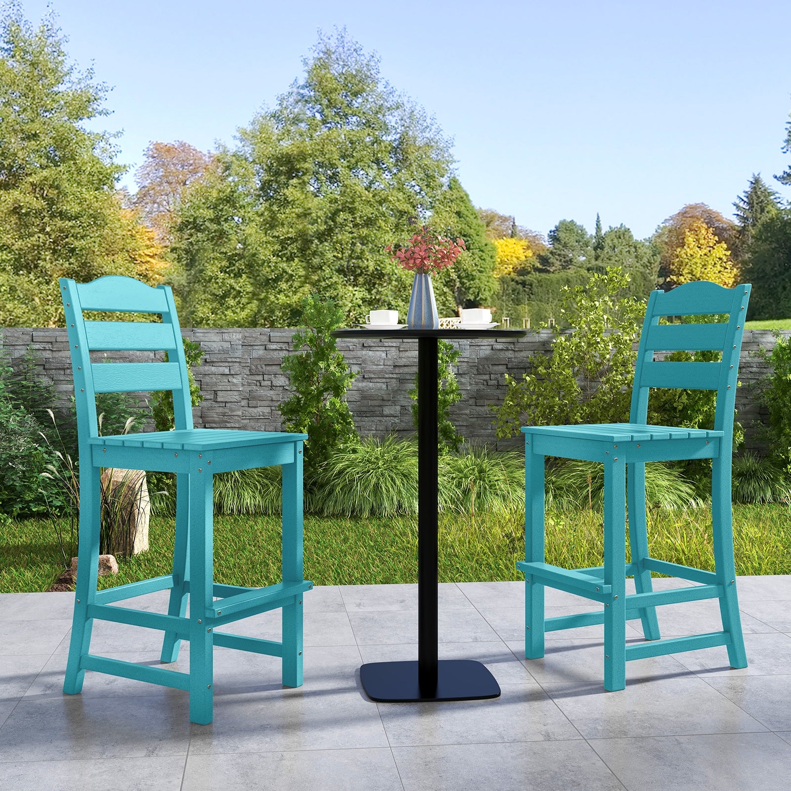 30 Inches Counter Height HDPE Bar Stool with Backrest and Footrest, Turquoise Patio Bar Furniture at Gallery Canada