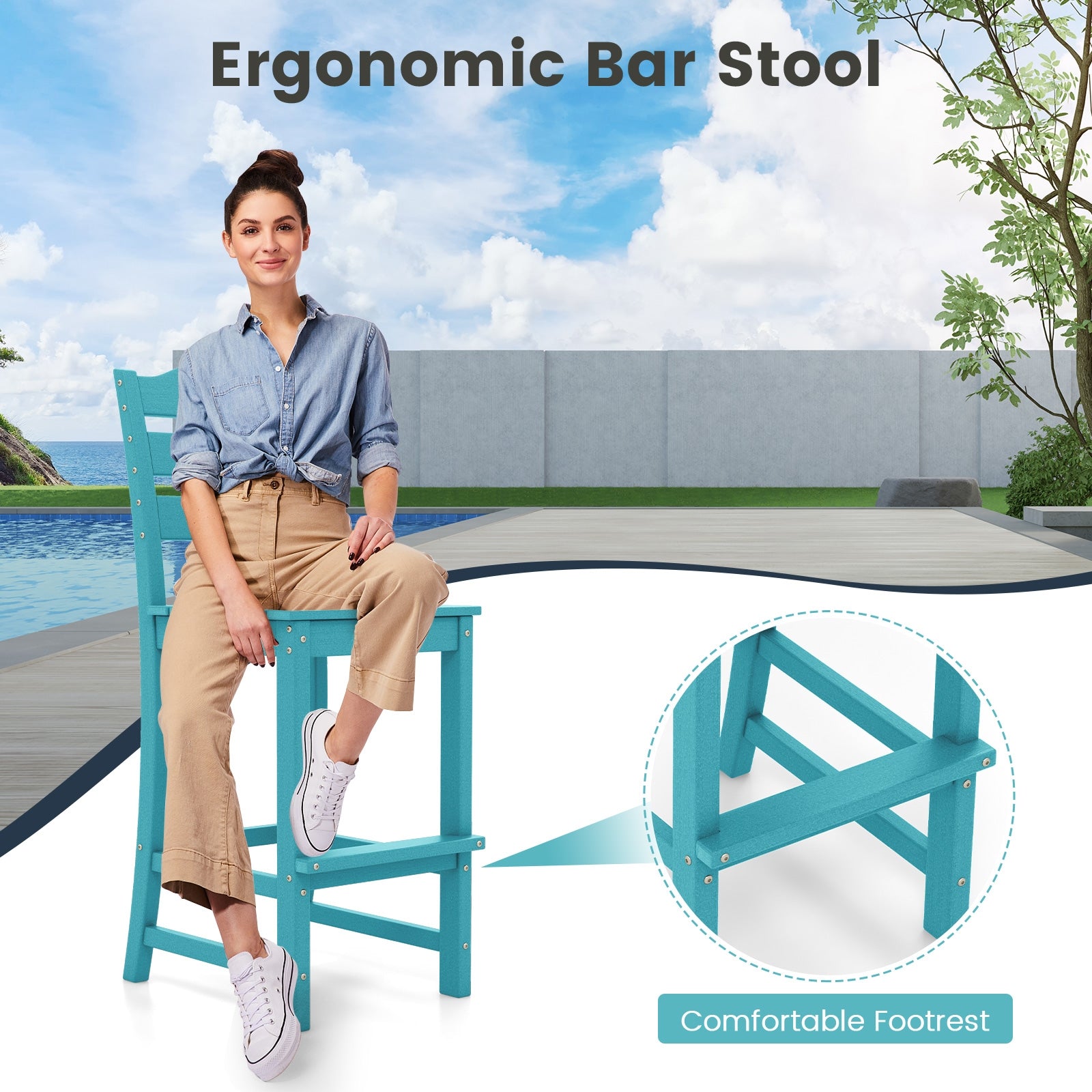 30 Inches Counter Height HDPE Bar Stool with Backrest and Footrest, Turquoise Patio Bar Furniture at Gallery Canada