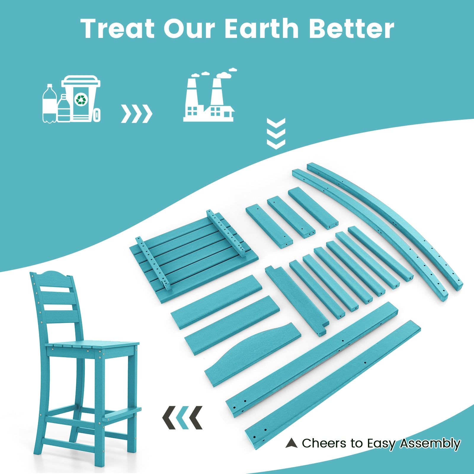 30 Inches Counter Height HDPE Bar Stool with Backrest and Footrest, Turquoise Patio Bar Furniture at Gallery Canada