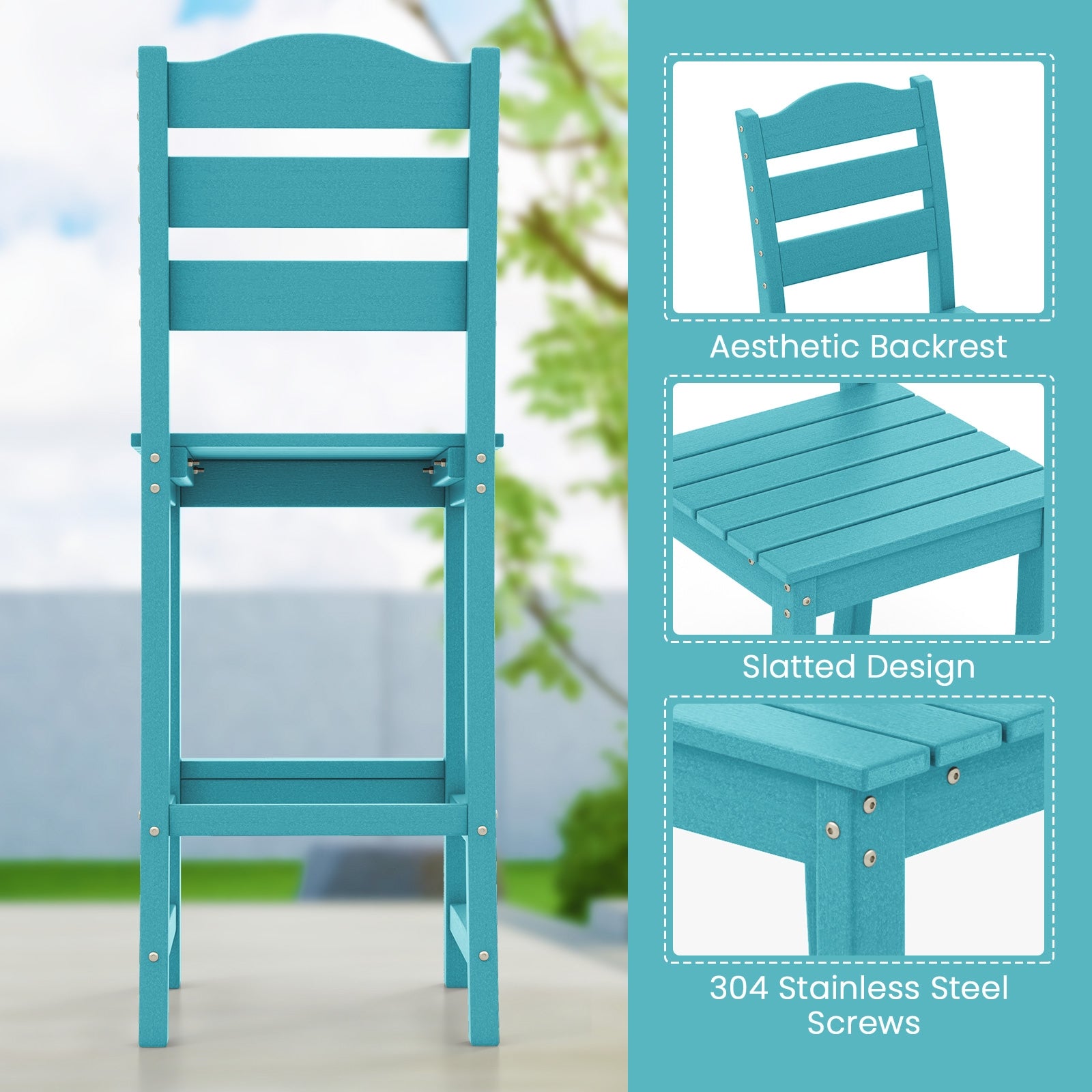 30 Inches Counter Height HDPE Bar Stool with Backrest and Footrest, Turquoise Patio Bar Furniture at Gallery Canada