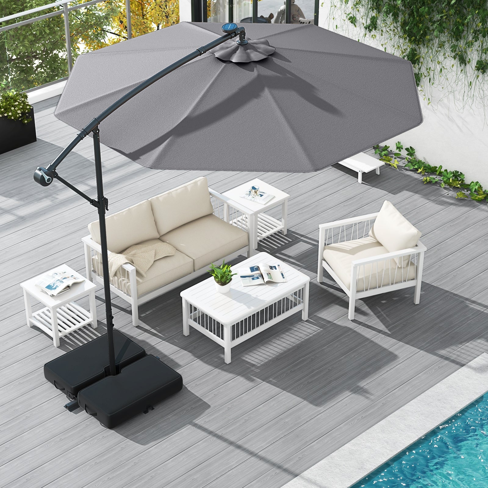 10 Ft Patio Umbrella Offset Cantilever Umbrella with 40 Solar Powered Lights, Gray Outdoor Umbrellas at Gallery Canada
