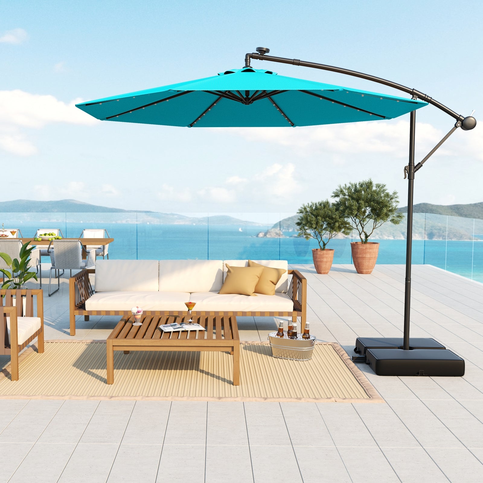 10 Ft Patio Umbrella Offset Cantilever Umbrella with 40 Solar Powered Lights, Turquoise Outdoor Umbrellas at Gallery Canada