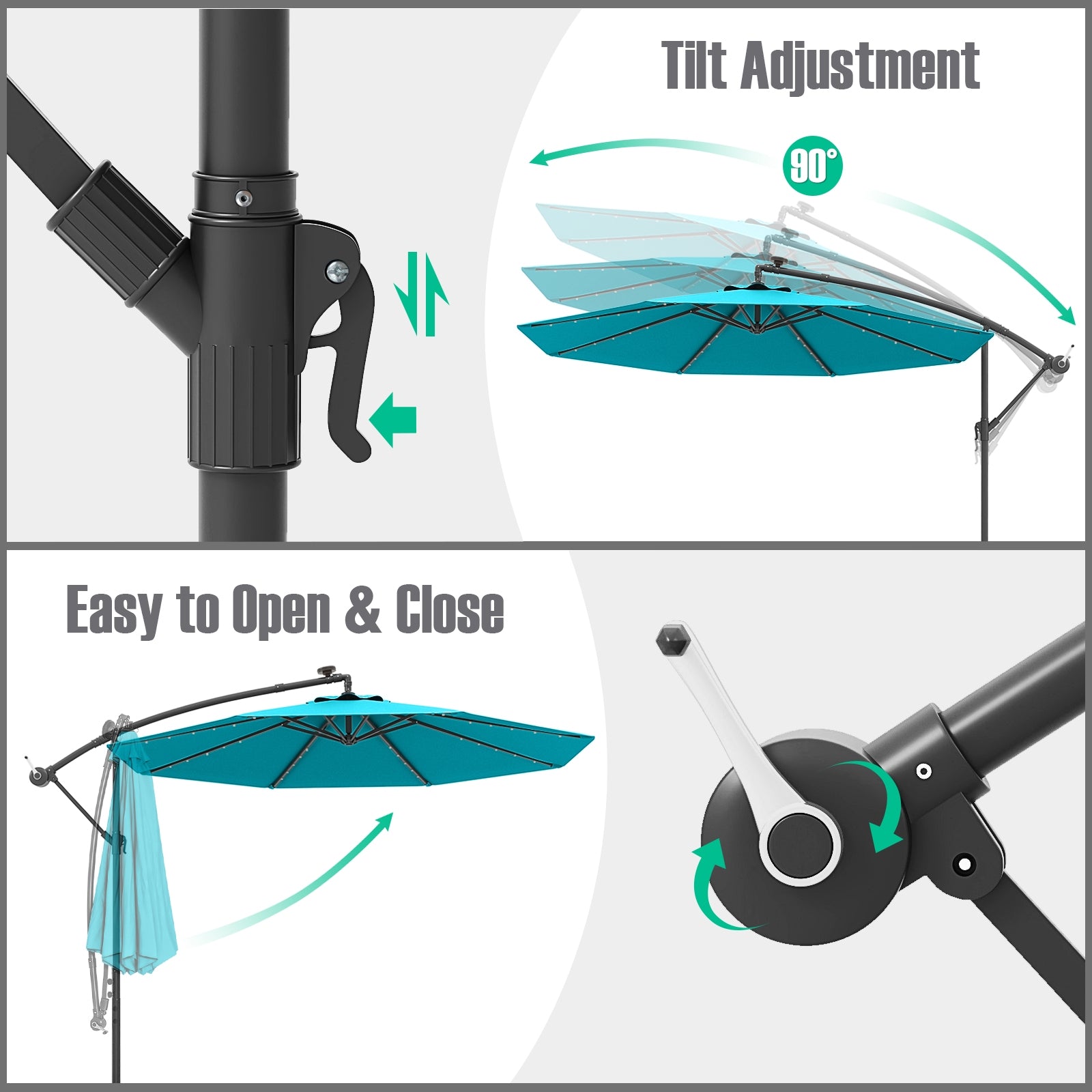 10 Ft Patio Umbrella Offset Cantilever Umbrella with 40 Solar Powered Lights, Turquoise Outdoor Umbrellas at Gallery Canada