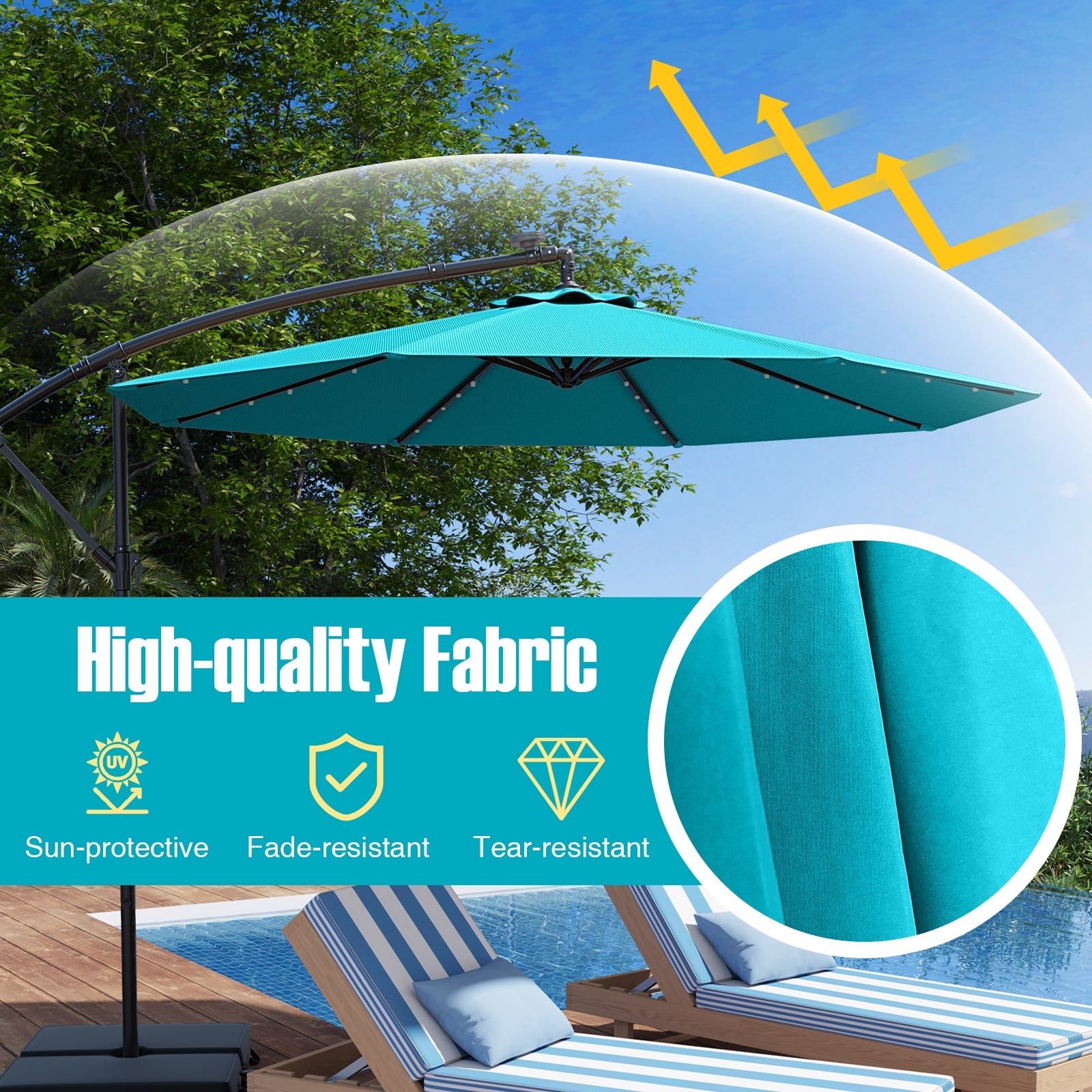 10 Ft Patio Umbrella Offset Cantilever Umbrella with 40 Solar Powered Lights, Turquoise Outdoor Umbrellas at Gallery Canada