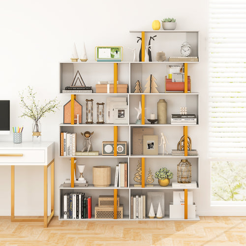 5-Tier/6-Tier Geometric Bookcase with Metal Frame and Anti-tipping Kits-5 Tier, White