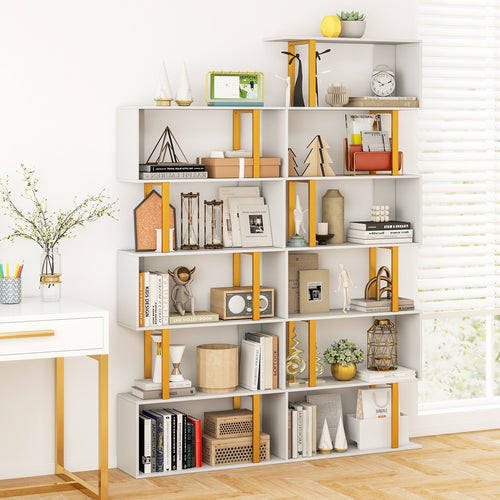 5-Tier/6-Tier Geometric Bookcase with Metal Frame and Anti-tipping Kits-6-Tier, White