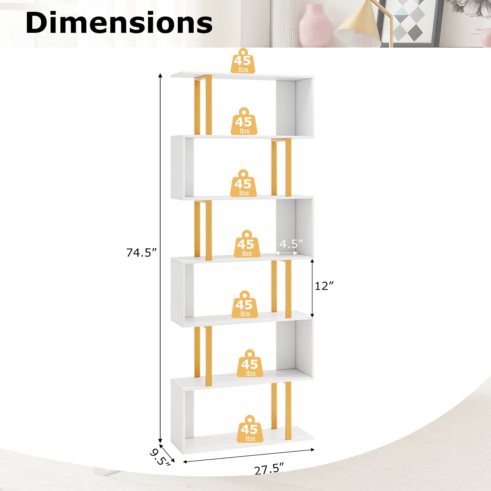 5-Tier/6-Tier Geometric Bookcase with Metal Frame and Anti-tipping Kits-6-Tier, White Bookcases at Gallery Canada
