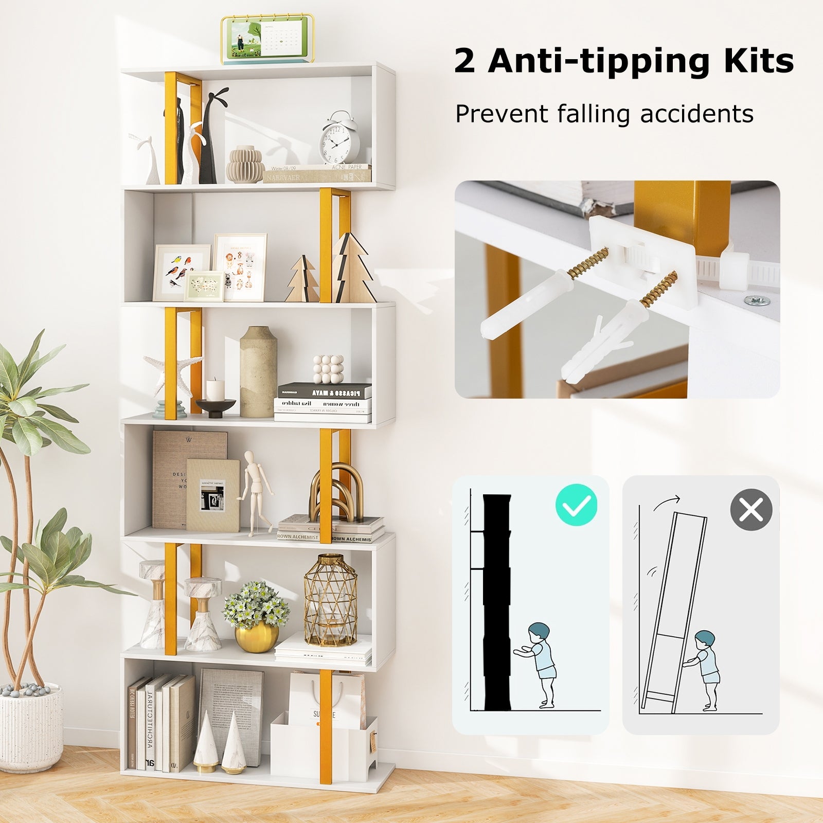 5-Tier/6-Tier Geometric Bookcase with Metal Frame and Anti-tipping Kits-6-Tier, White Bookcases at Gallery Canada