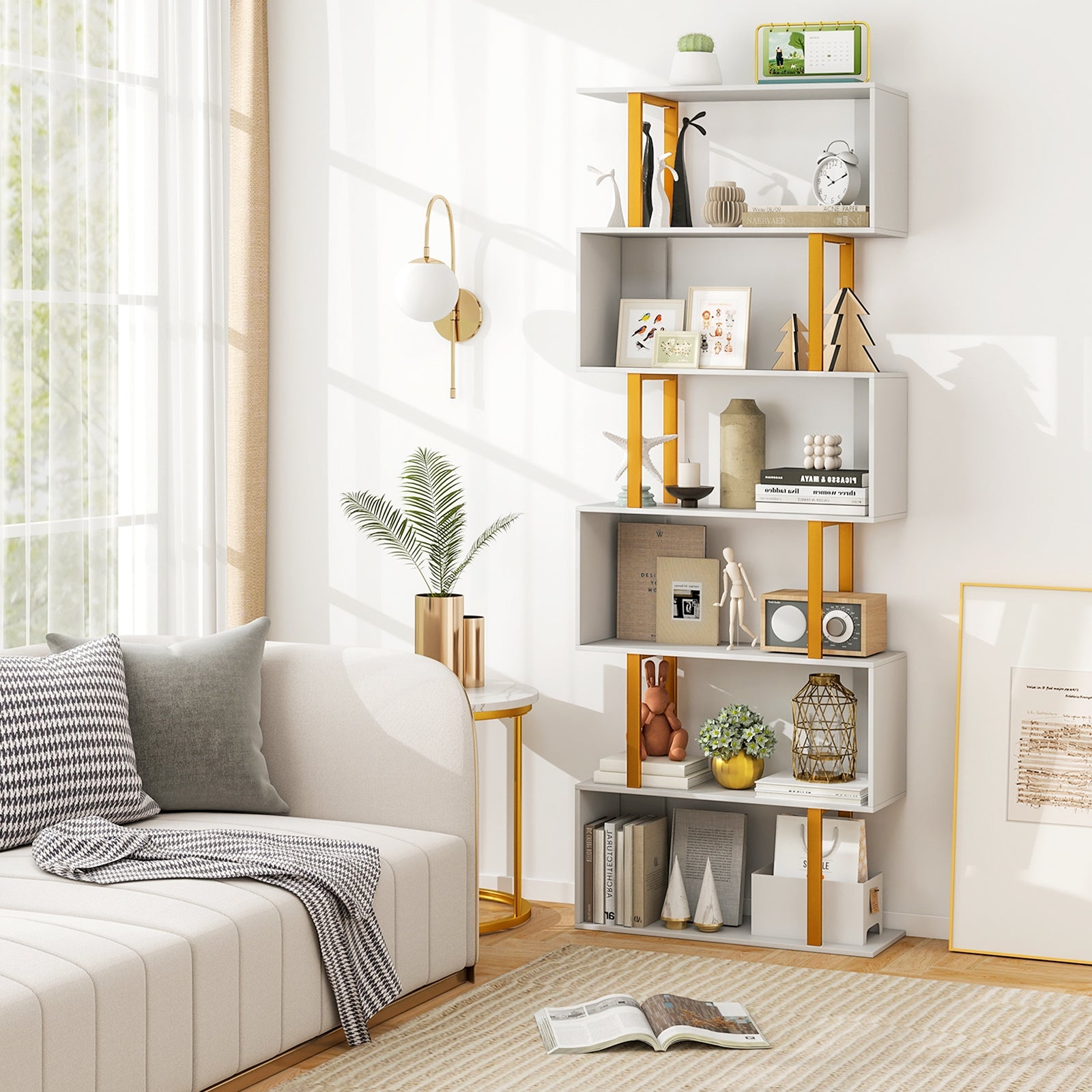 5-Tier/6-Tier Geometric Bookcase with Metal Frame and Anti-tipping Kits-6-Tier, White Bookcases at Gallery Canada