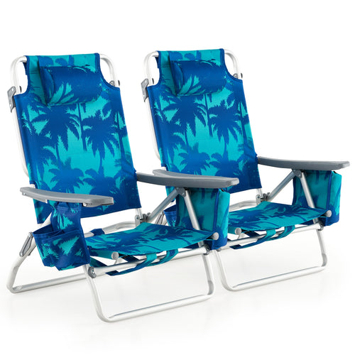 2 Pieces Folding Backpack Beach Chair with Pillow, Peacock Blue