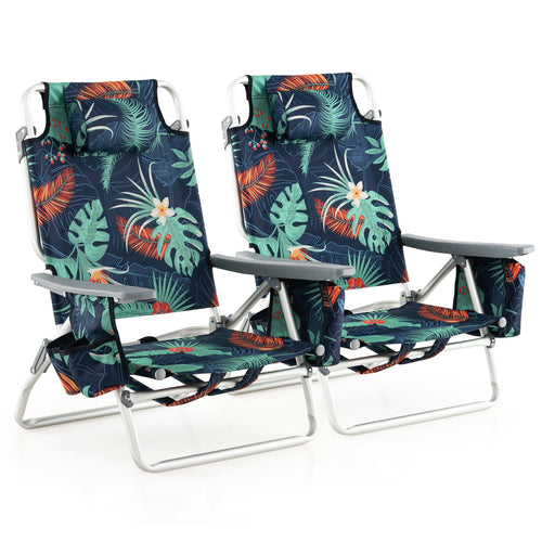 2 Pieces Folding Backpack Beach Chair with Pillow, Multicolor