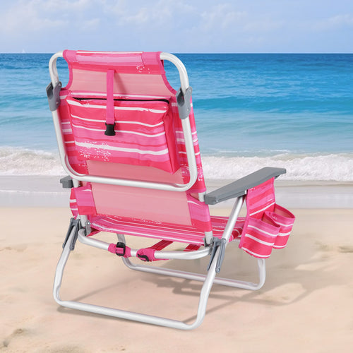 2 Pieces Folding Backpack Beach Chair with Pillow-Hot Pink, Red & White