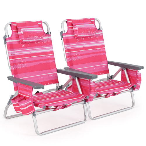 2 Pieces Folding Backpack Beach Chair with Pillow-Hot Pink, Red & White