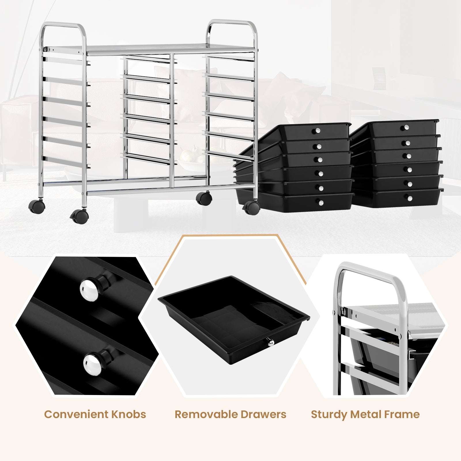 12 Drawers Rolling Storage Cart for Home and Office, Black File Cabinets at Gallery Canada