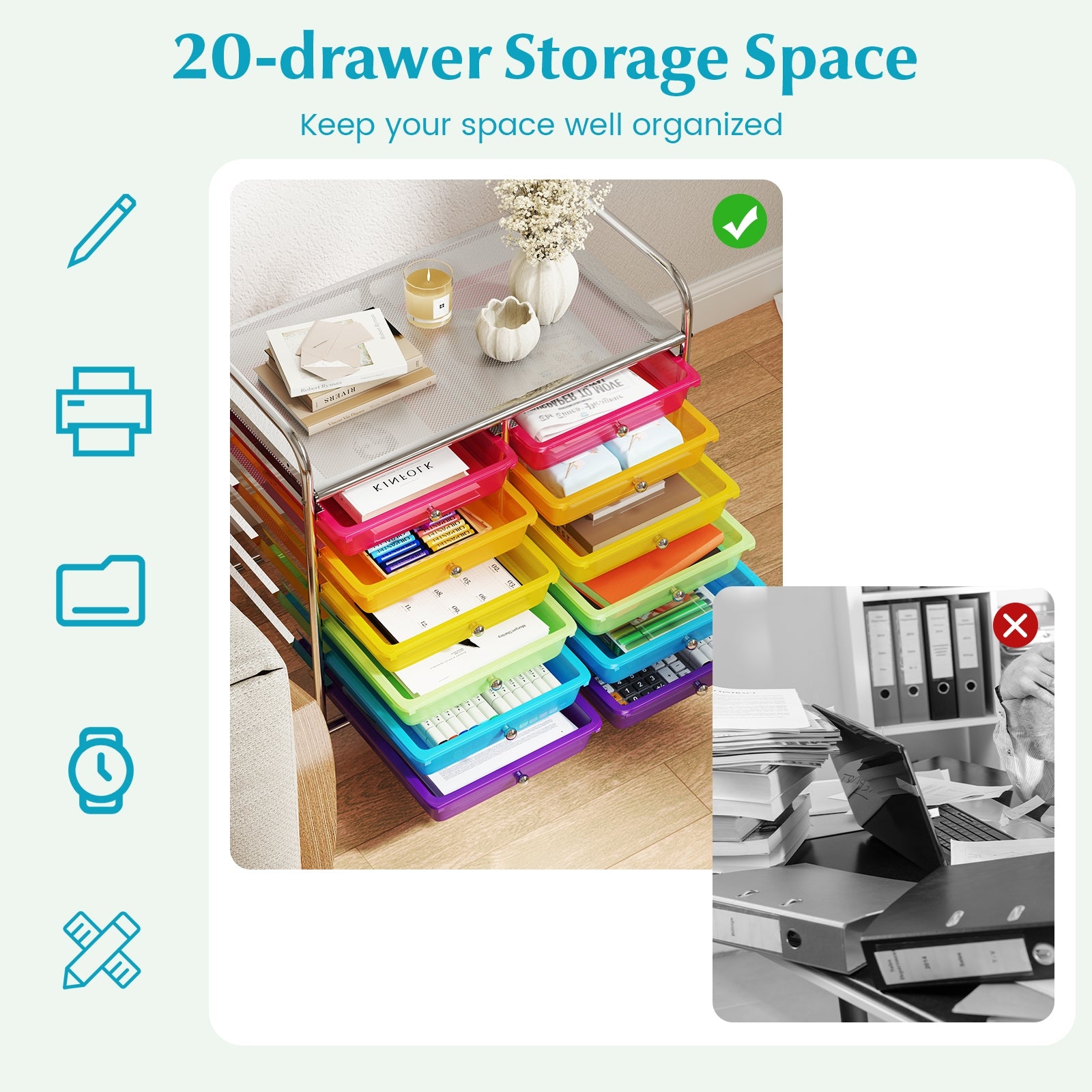 12 Drawers Rolling Storage Cart for Home and Office, Transparent Multicolor File Cabinets at Gallery Canada
