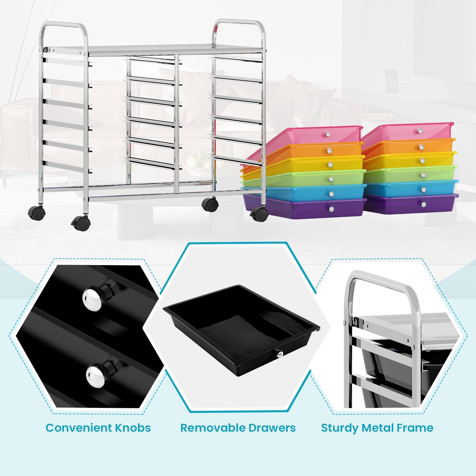 12 Drawers Rolling Storage Cart for Home and Office, Transparent Multicolor File Cabinets at Gallery Canada
