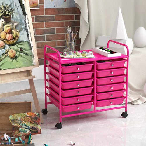 12 Drawers Rolling Storage Cart for Home and Office-Hot Pink, Pink