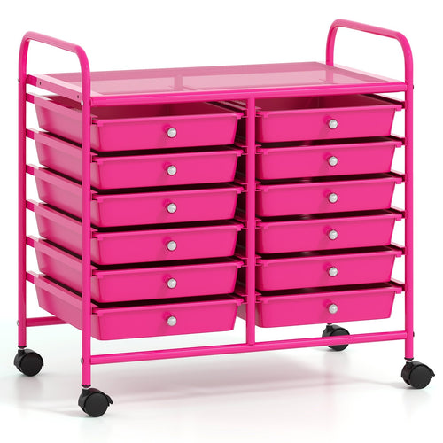 12 Drawers Rolling Storage Cart for Home and Office-Hot Pink, Pink