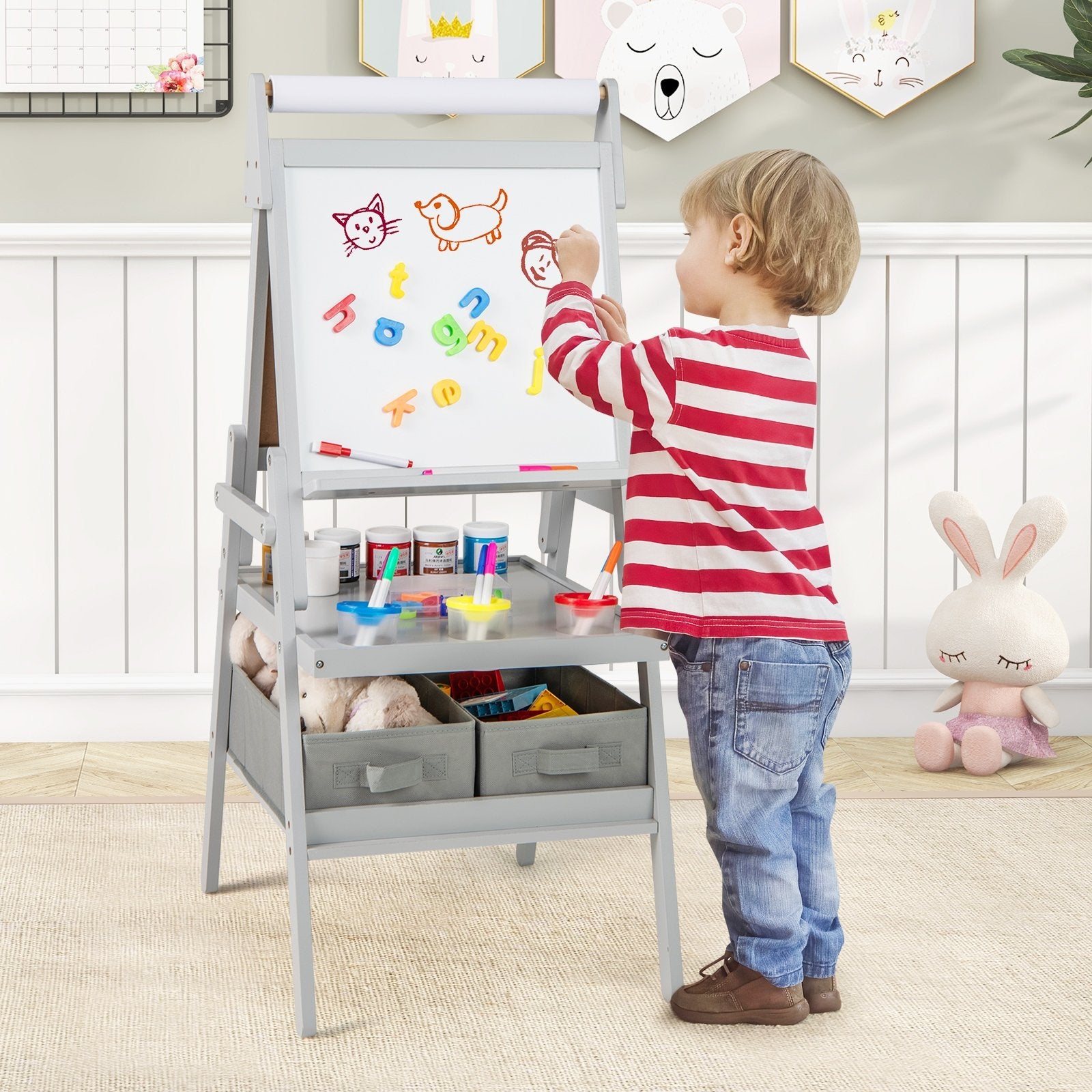 3-in-1 Art Easel for Kids with Magnetic Chalkboard and Whiteboard, Gray Art Easels at Gallery Canada