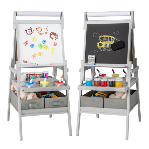 3-in-1 Art Easel for Kids with Magnetic Chalkboard and Whiteboard, Gray