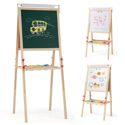 Adjustable Double-sided Easel with 4 Paint Cups-Natutral, Natural