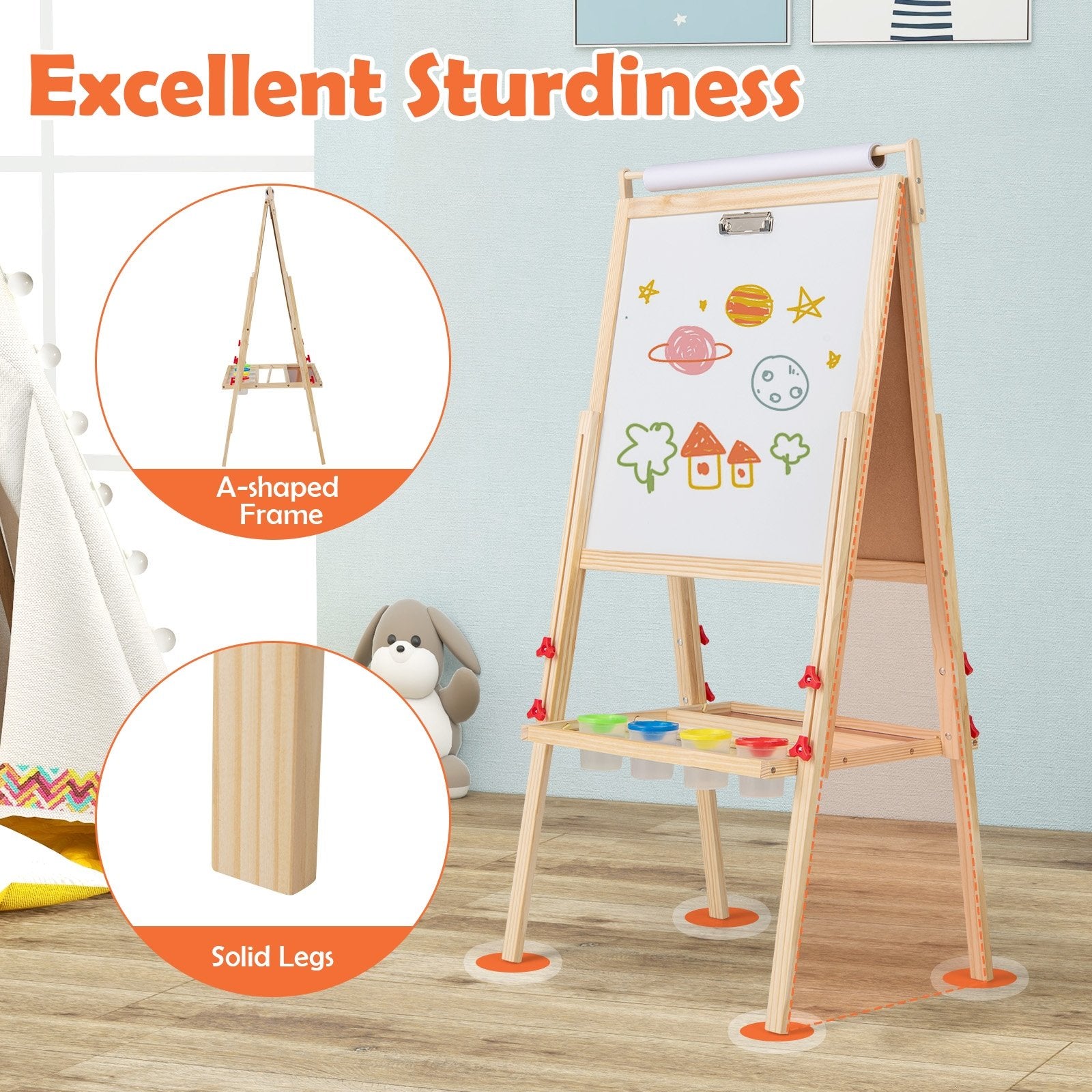 Adjustable Double-sided Easel with 4 Paint Cups-Natutral, Natural Art Easels at Gallery Canada