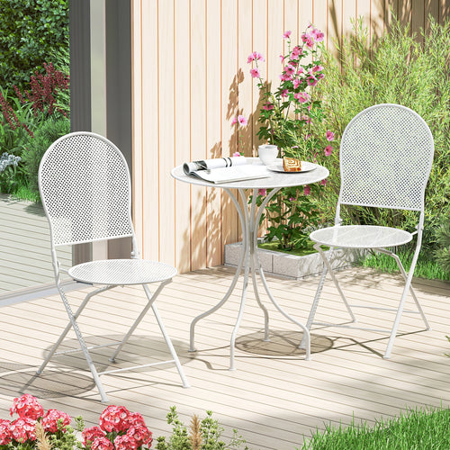 3 Piece Metal Bistro Patio Round Table and 2 Folding Chairs Set, White