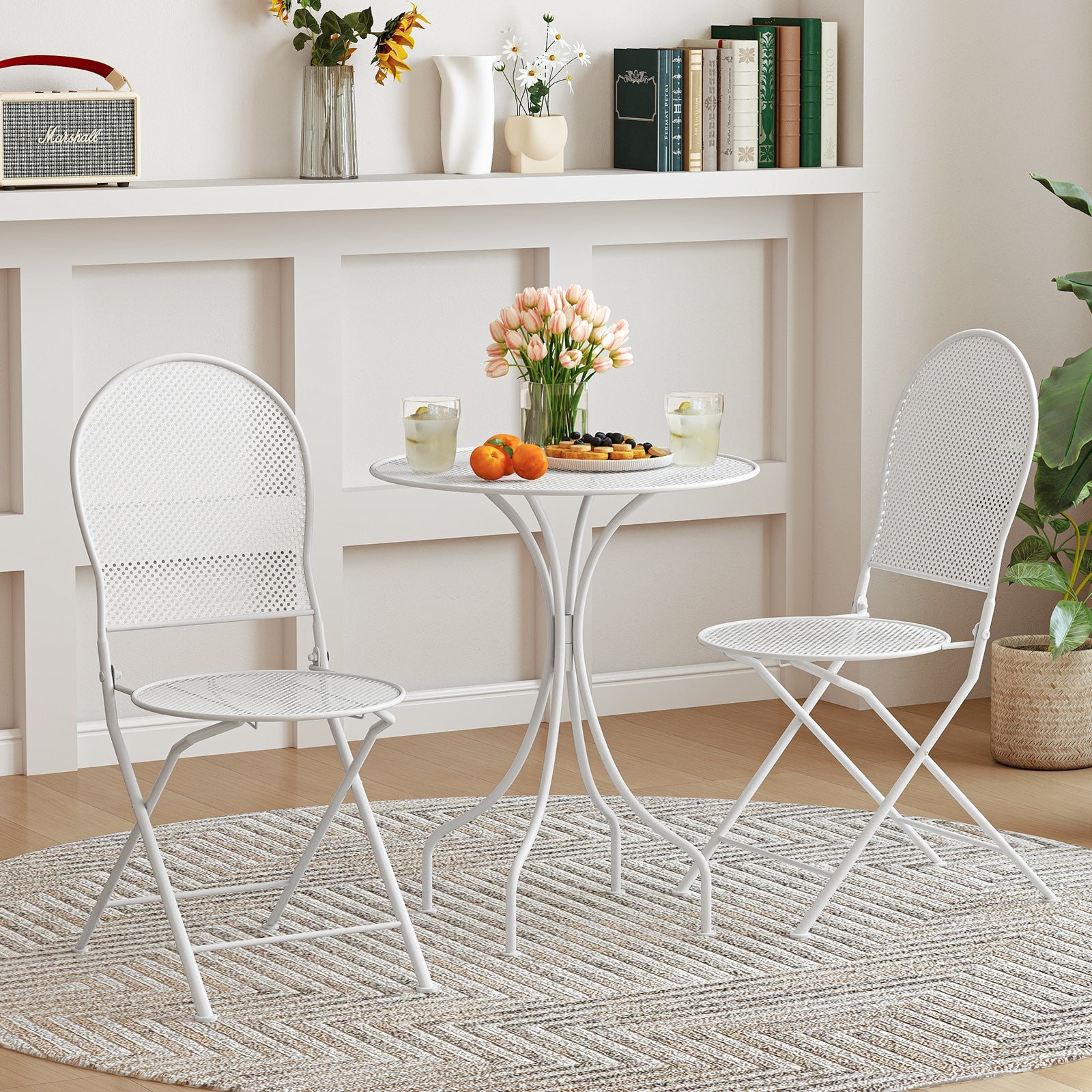 3 Piece Metal Bistro Patio Round Table and 2 Folding Chairs Set, White Patio Dining Sets at Gallery Canada