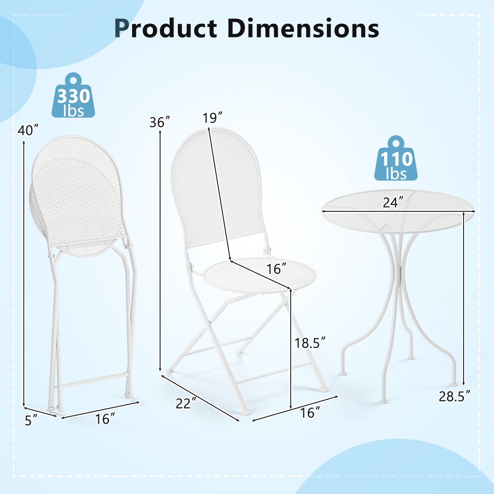 3 Piece Metal Bistro Patio Round Table and 2 Folding Chairs Set, White Patio Dining Sets at Gallery Canada