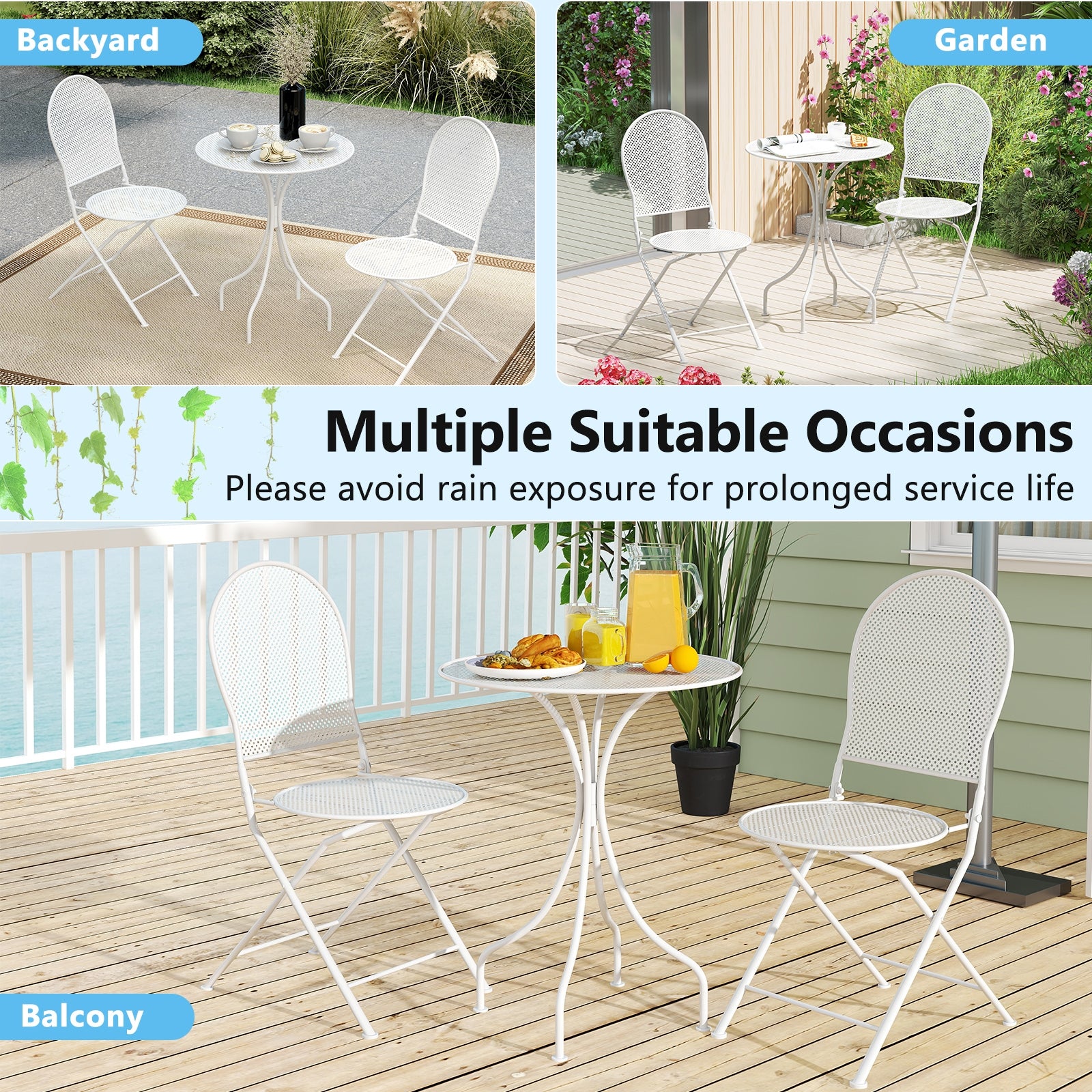 3 Piece Metal Bistro Patio Round Table and 2 Folding Chairs Set, White Patio Dining Sets at Gallery Canada