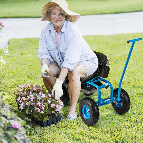 Rolling Garden Cart with Height Adjustable Swivel Seat and Storage Basket, Blue