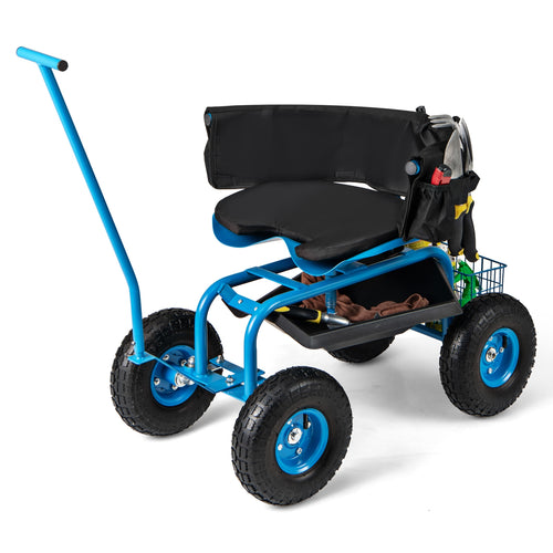 Rolling Garden Cart with Height Adjustable Swivel Seat and Storage Basket, Blue