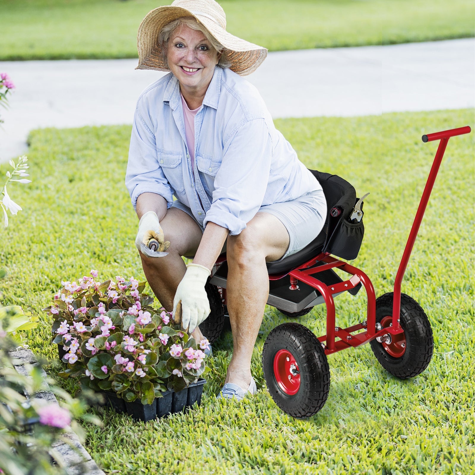 Rolling Garden Cart with Height Adjustable Swivel Seat and Storage Basket, Red Garden Carts at Gallery Canada