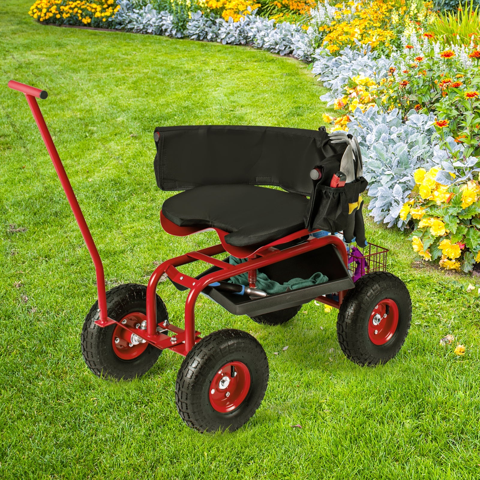 Rolling Garden Cart with Height Adjustable Swivel Seat and Storage Basket, Red Garden Carts at Gallery Canada