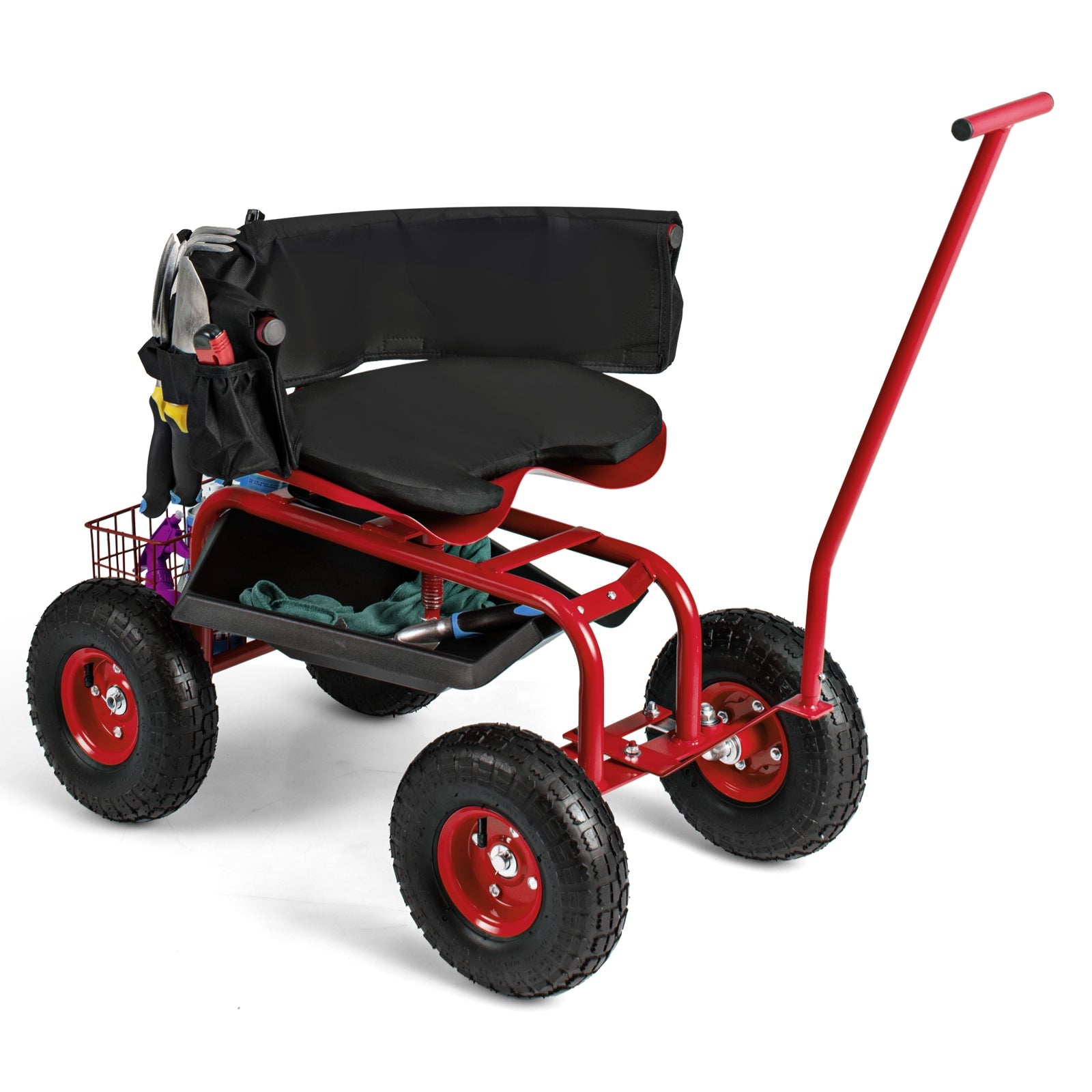 Rolling Garden Cart with Height Adjustable Swivel Seat and Storage Basket, Red Garden Carts Red at Gallery Canada