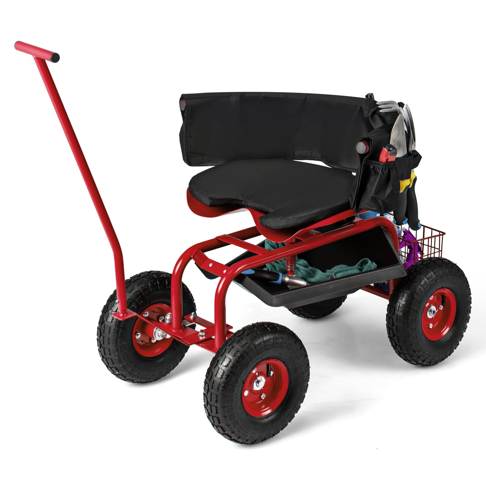 Rolling Garden Cart with Height Adjustable Swivel Seat and Storage Basket, Red Garden Carts at Gallery Canada