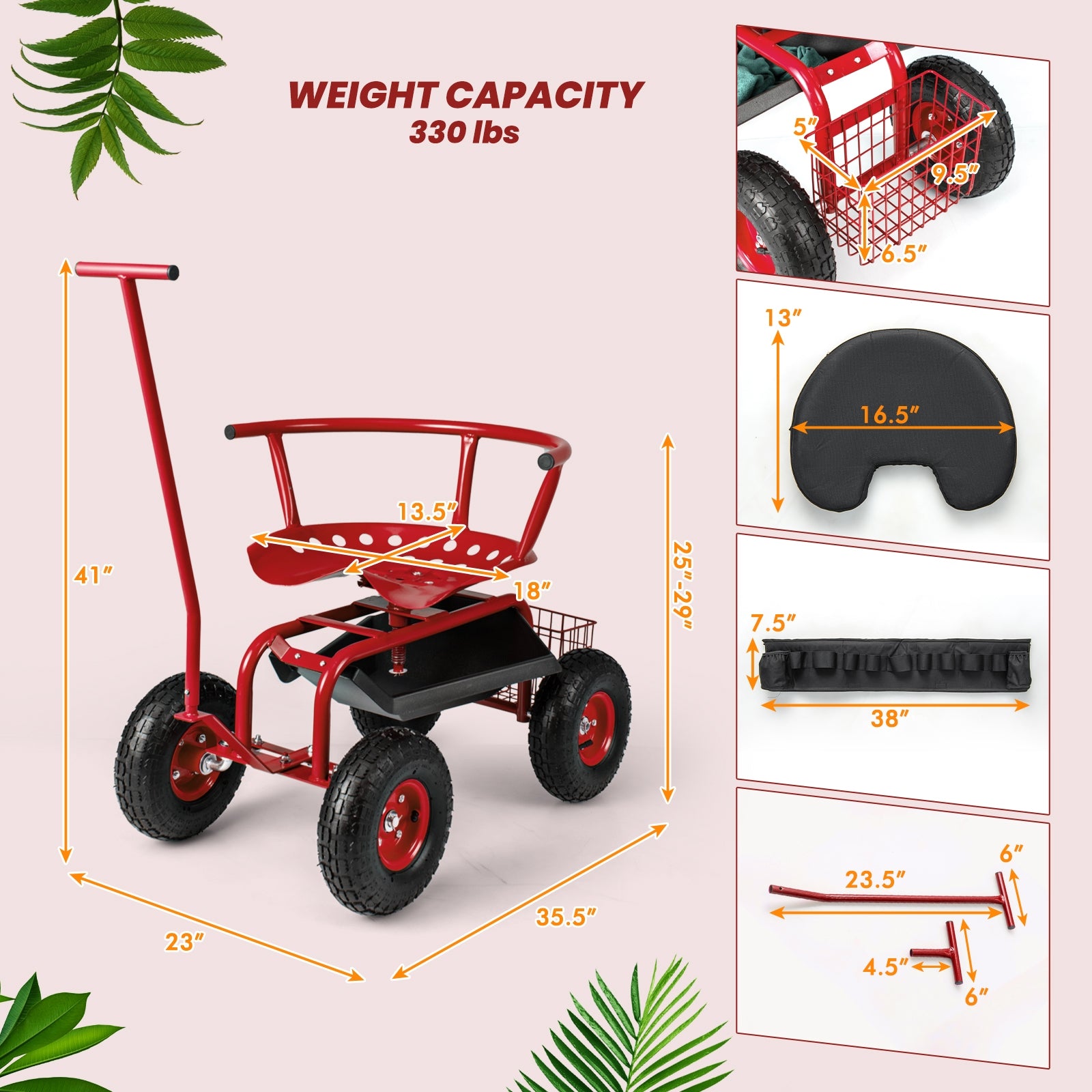 Rolling Garden Cart with Height Adjustable Swivel Seat and Storage Basket, Red Garden Carts at Gallery Canada