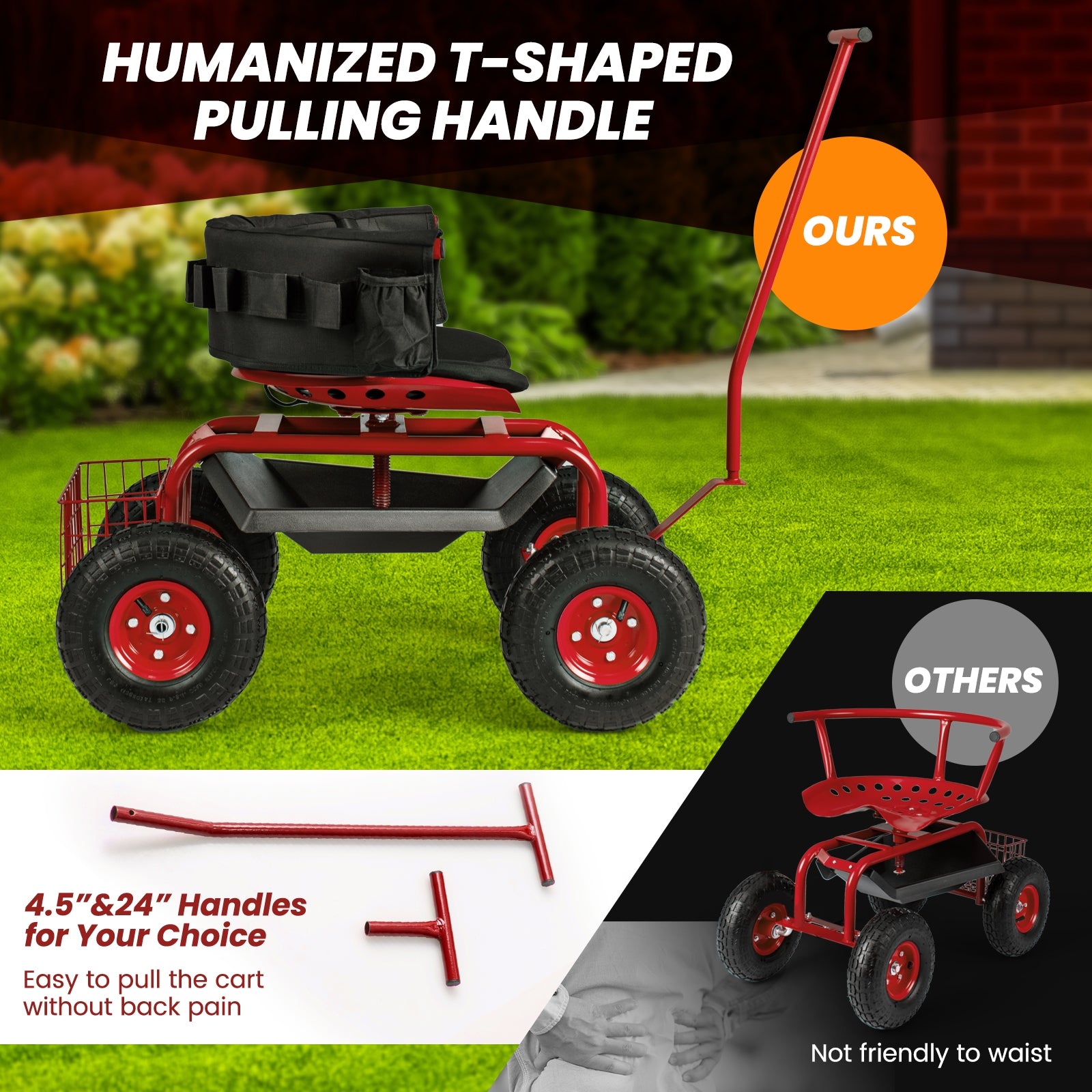 Rolling Garden Cart with Height Adjustable Swivel Seat and Storage Basket, Red Garden Carts at Gallery Canada