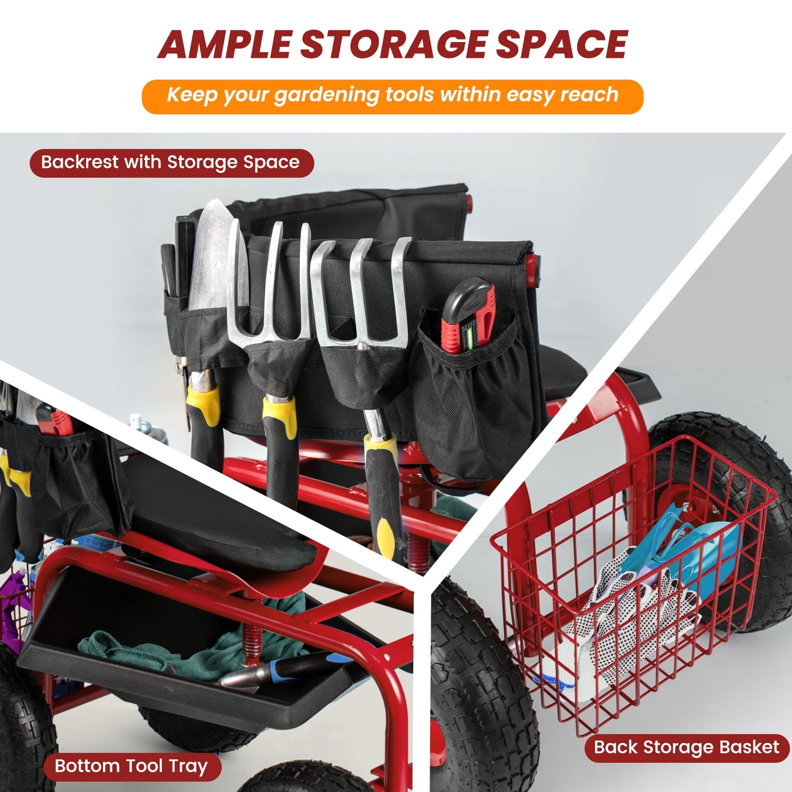 Rolling Garden Cart with Height Adjustable Swivel Seat and Storage Basket, Red Garden Carts at Gallery Canada