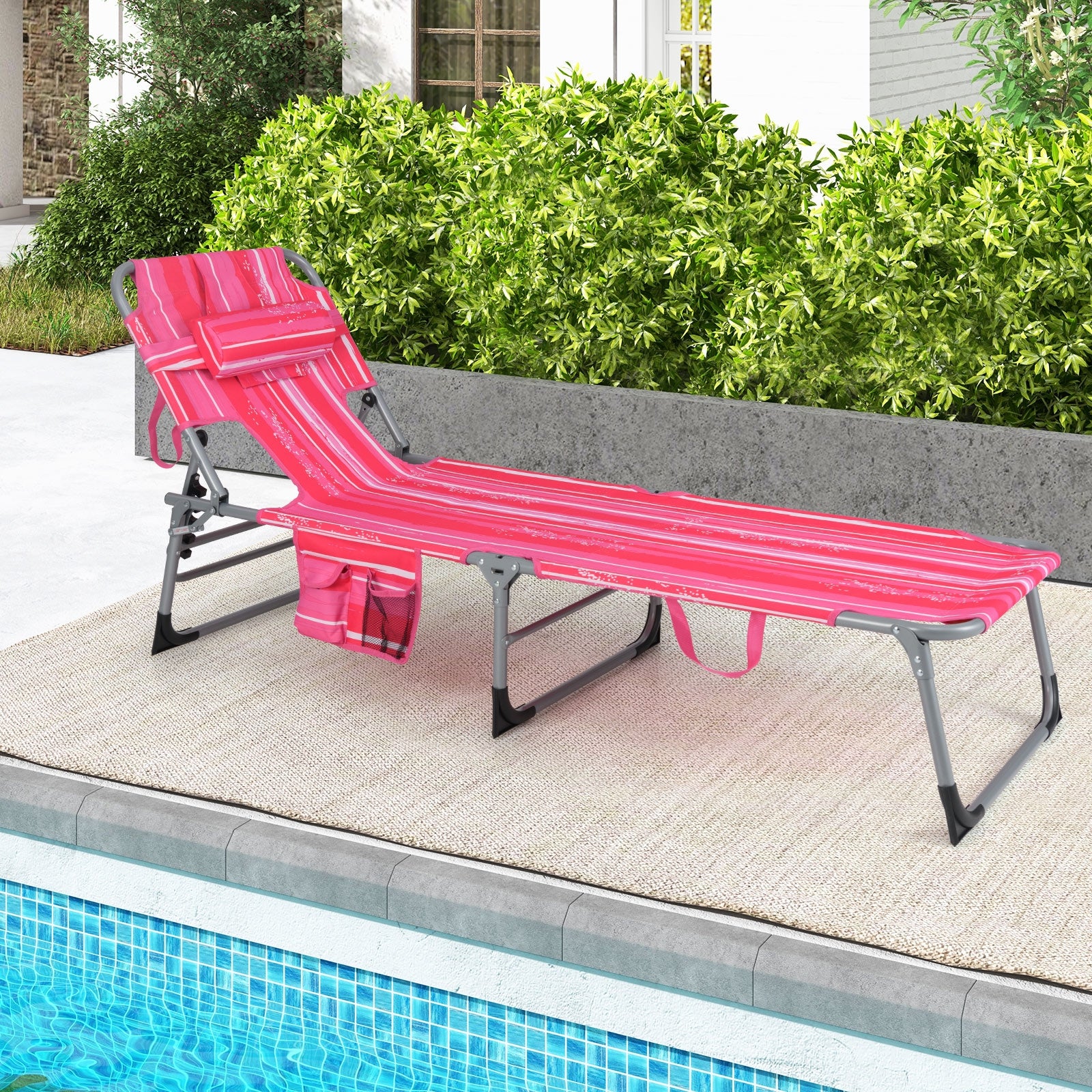 Folding Beach Lounge Chair with Pillow for Outdoor-Pink and White, White & Pink Outdoor Chaise Lounges at Gallery Canada