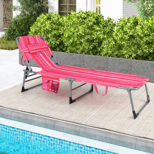 Folding Beach Lounge Chair with Pillow for Outdoor-Pink and White, White & Pink