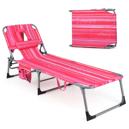 Folding Beach Lounge Chair with Pillow for Outdoor-Pink and White, White & Pink