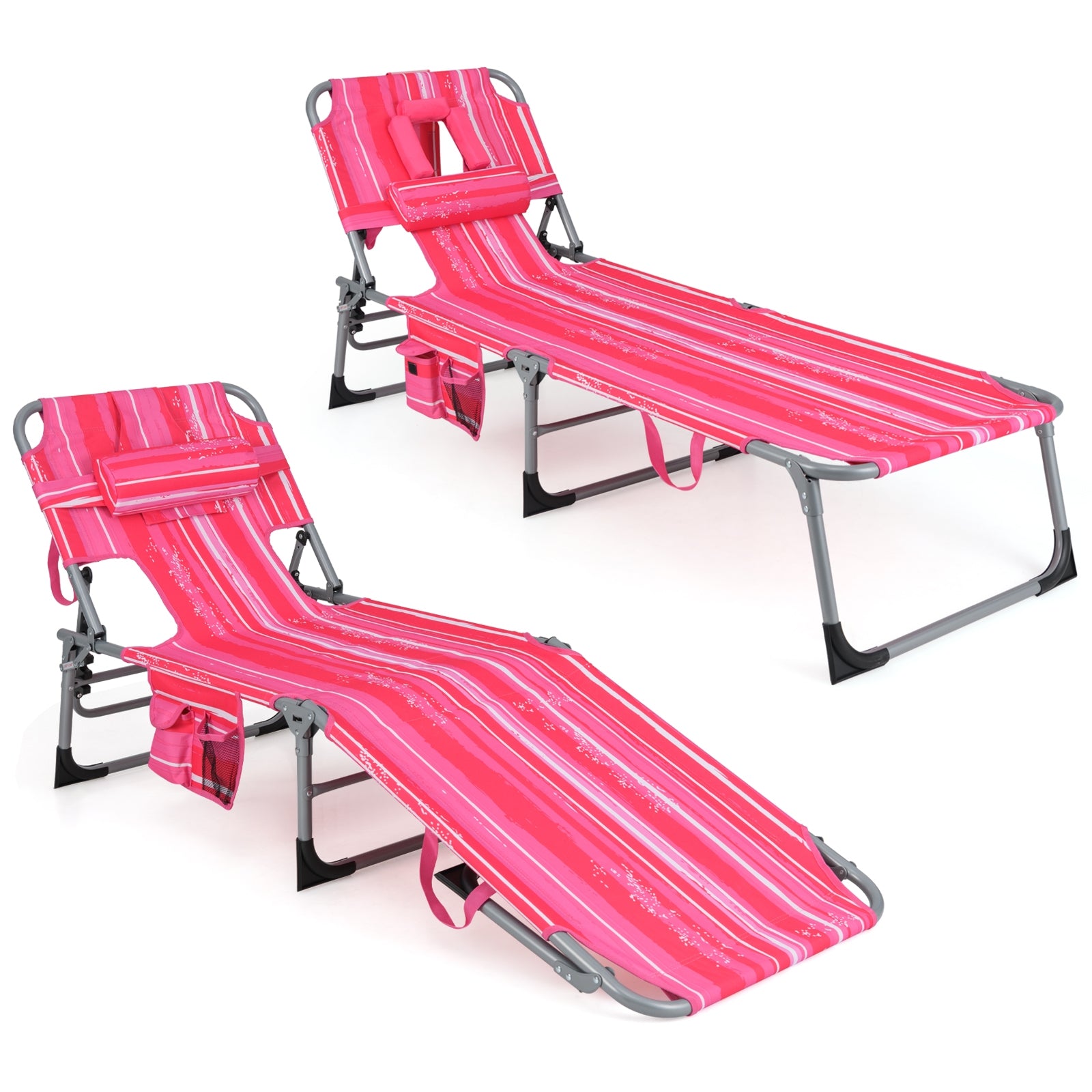 Folding Beach Lounge Chair with Pillow for Outdoor-Pink and White, White & Pink Outdoor Chaise Lounges at Gallery Canada