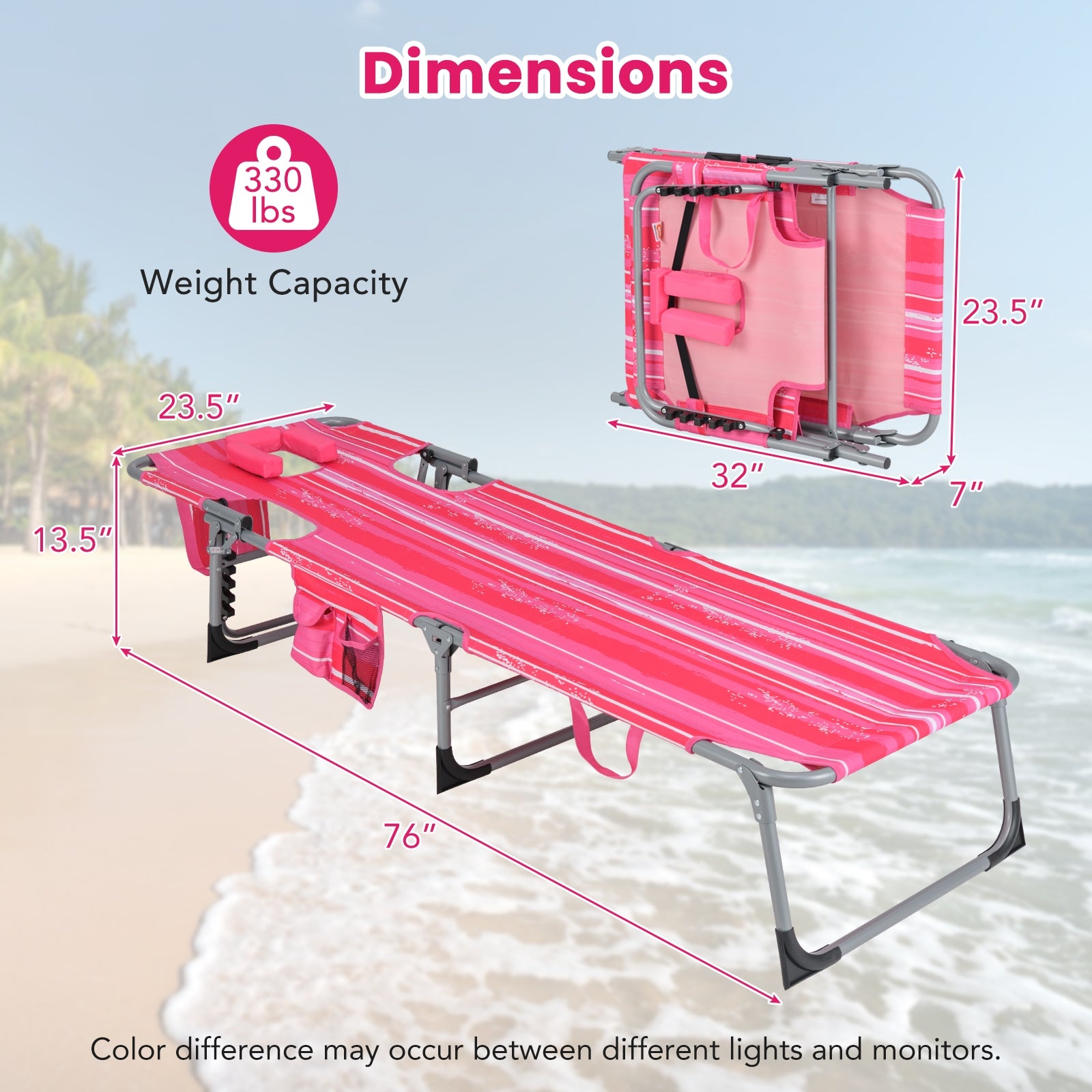 Folding Beach Lounge Chair with Pillow for Outdoor-Pink and White, White & Pink Outdoor Chaise Lounges at Gallery Canada