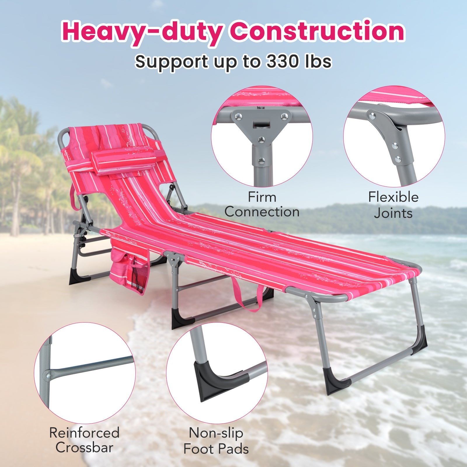 Folding Beach Lounge Chair with Pillow for Outdoor-Pink and White, White & Pink Outdoor Chaise Lounges at Gallery Canada