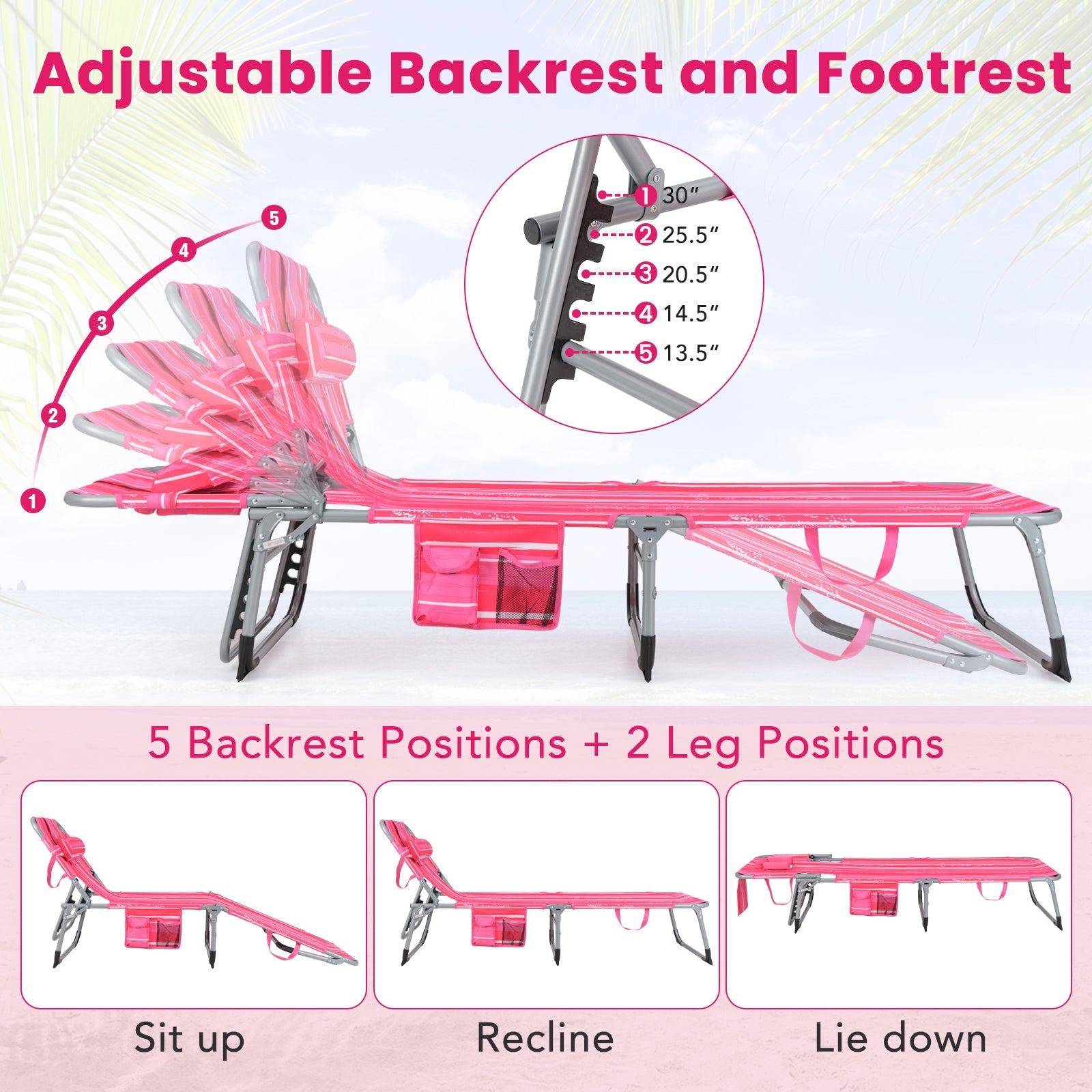 Folding Beach Lounge Chair with Pillow for Outdoor-Pink and White, White & Pink Outdoor Chaise Lounges at Gallery Canada