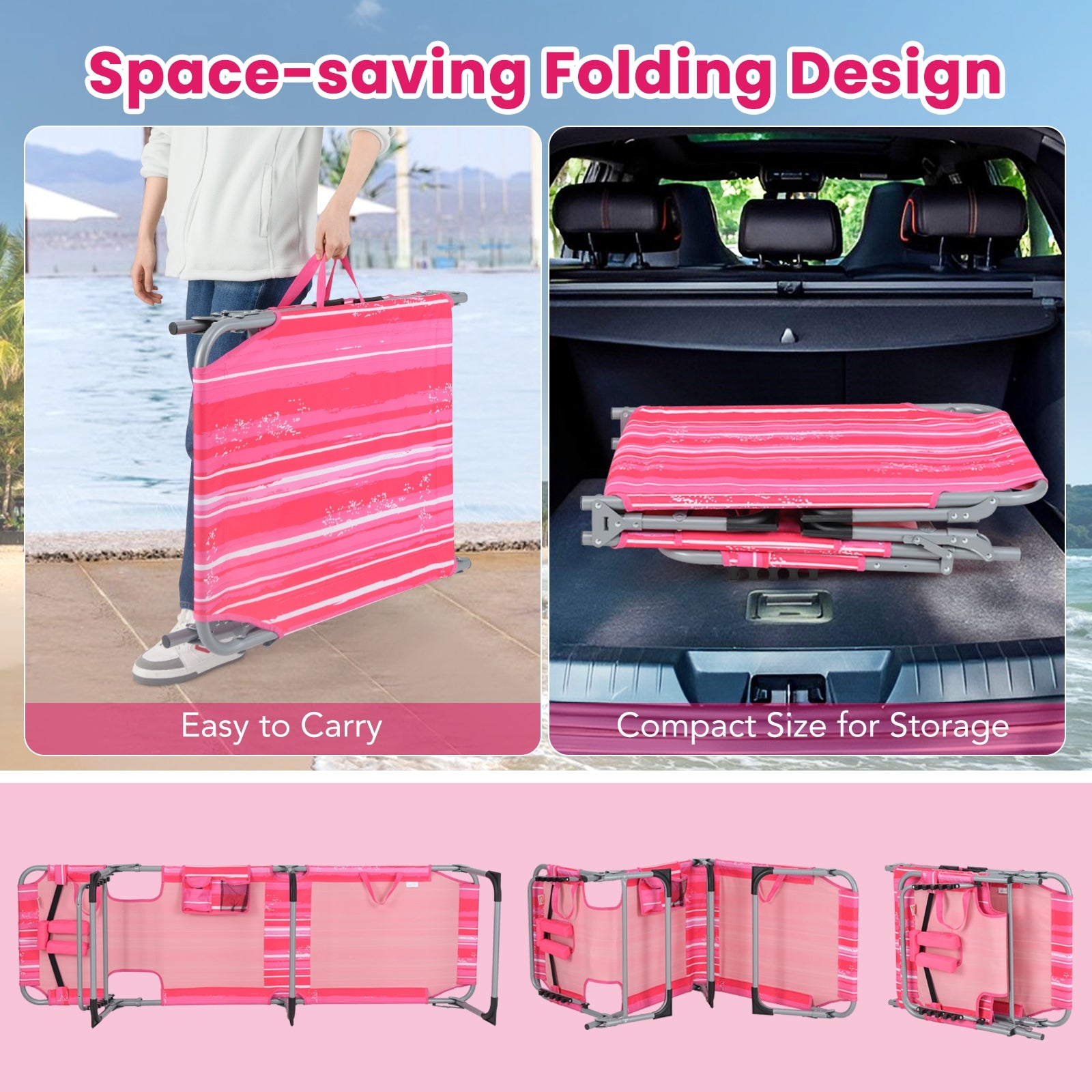 Folding Beach Lounge Chair with Pillow for Outdoor-Pink and White, White & Pink Outdoor Chaise Lounges at Gallery Canada