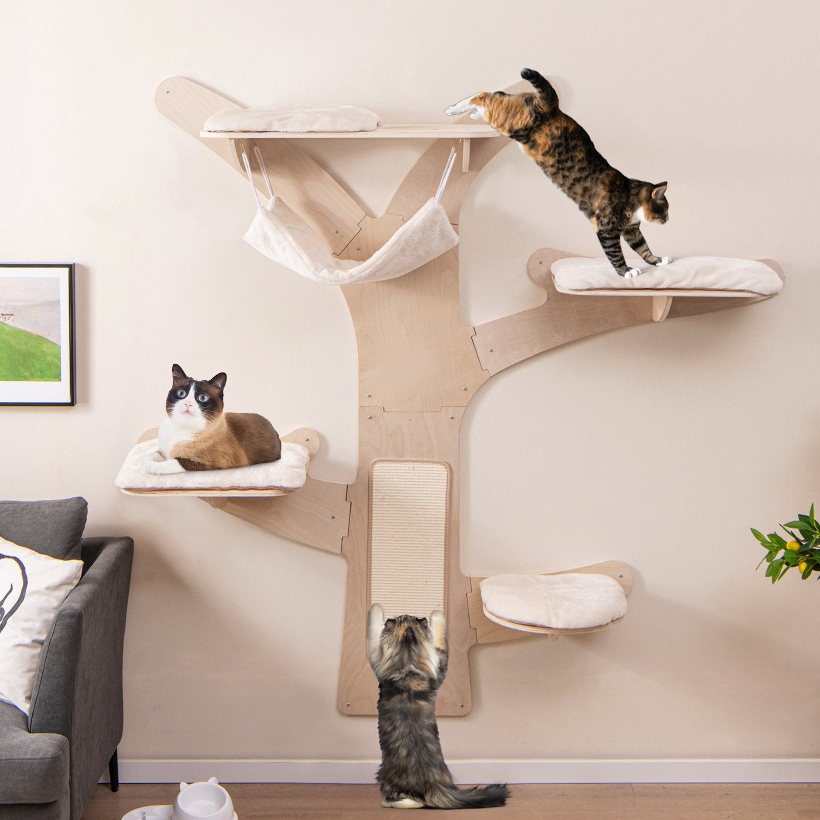 Wall-Mounted Cat Tower with Hammock Platforms and Sisal Scratching Mat, Natural Cat Trees Condos & Scratchers   at Gallery Canada